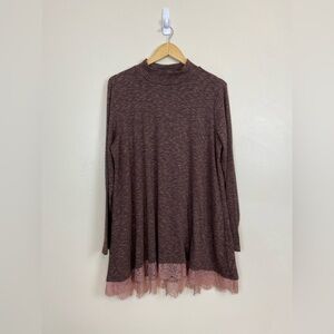 LOGO Lori Goldstein Mock Neck Tunic Top 1X Brown Pink Lace Hem Long Sleeve